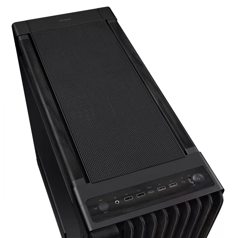 PC Case ASUS ProArt PA602 Wood Edition Midi Tower Must — Puit, ATX/EATX tugi, karastatud klaas, 4×3,5 tolli / 8×2,5 tolli, GPU kuni 450 mm