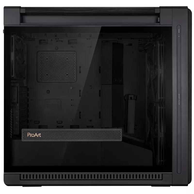 PC Case ASUS ProArt PA602 Wood Edition Midi Tower Must — Puit, ATX/EATX tugi, karastatud klaas, 4×3,5 tolli / 8×2,5 tolli, GPU kuni 450 mm