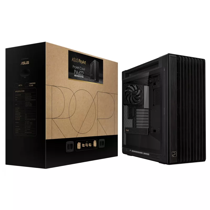 PC Case ASUS ProArt PA602 Wood Edition Midi Tower Must — Puit, ATX/EATX tugi, karastatud klaas, 4×3,5 tolli / 8×2,5 tolli, GPU kuni 450 mm
