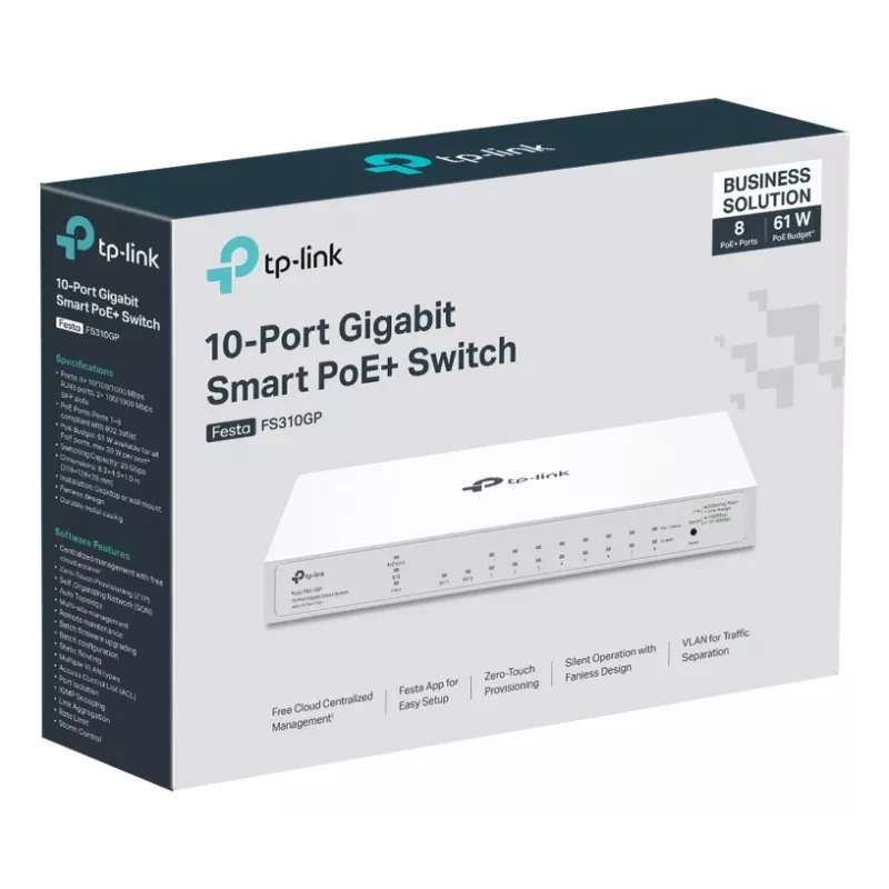 TP-Link FESTA FS310GP võrgulüliti, hallatav L2/L2+, Gigabit Ethernet (10/100/1000), Power over Ethernet (PoE), 1U, valge