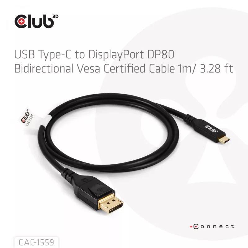 USB USB-C to DisplayPort 2.1 kaabel, club 3d CAC-1559, kahesuunaline, VESA DP80 sertifitseeritud, 1 m