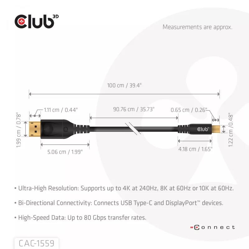 USB USB-C to DisplayPort 2.1 kaabel, club 3d CAC-1559, kahesuunaline, VESA DP80 sertifitseeritud, 1 m