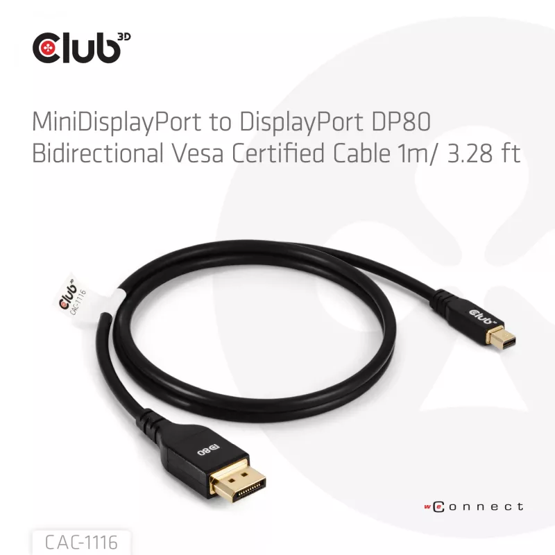 CLUB3D Mini DisplayPort™ DisplayPort™-ile Kahesuunaline VESA DP80 Sertifitseeritud Kaabel M/M 1m/3.28ft