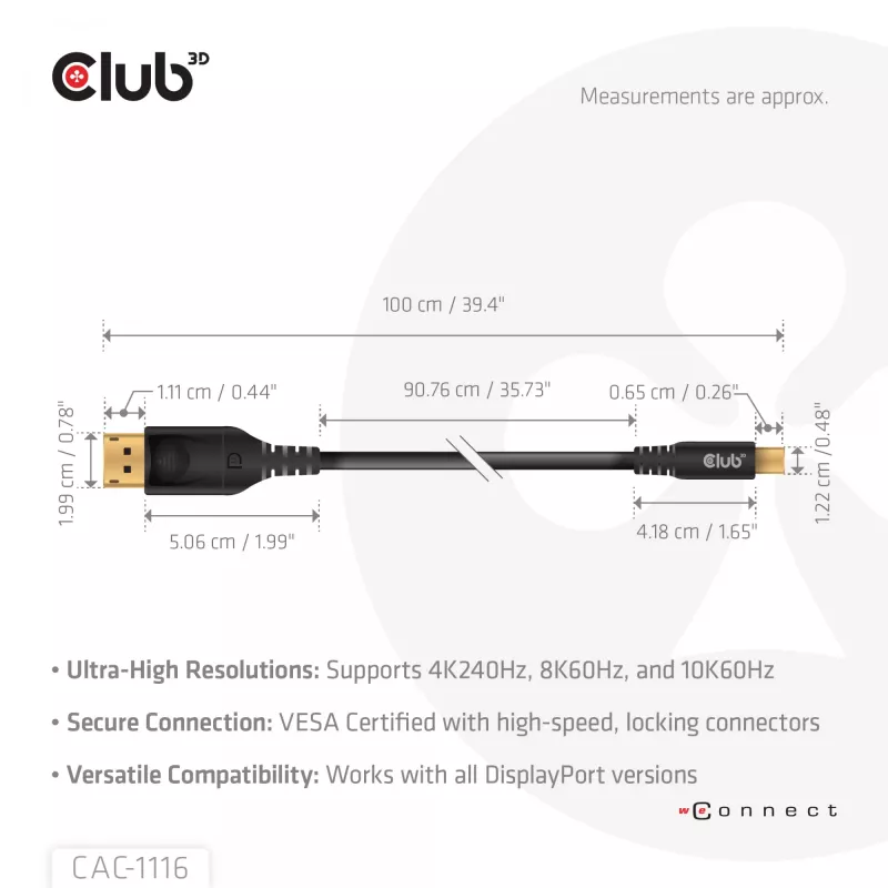 CLUB3D Mini DisplayPort™ DisplayPort™-ile Kahesuunaline VESA DP80 Sertifitseeritud Kaabel M/M 1m/3.28ft