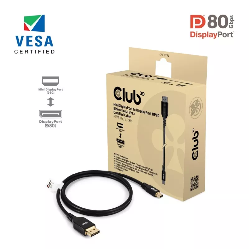 CLUB3D Mini DisplayPort™ DisplayPort™-ile Kahesuunaline VESA DP80 Sertifitseeritud Kaabel M/M 1m/3.28ft