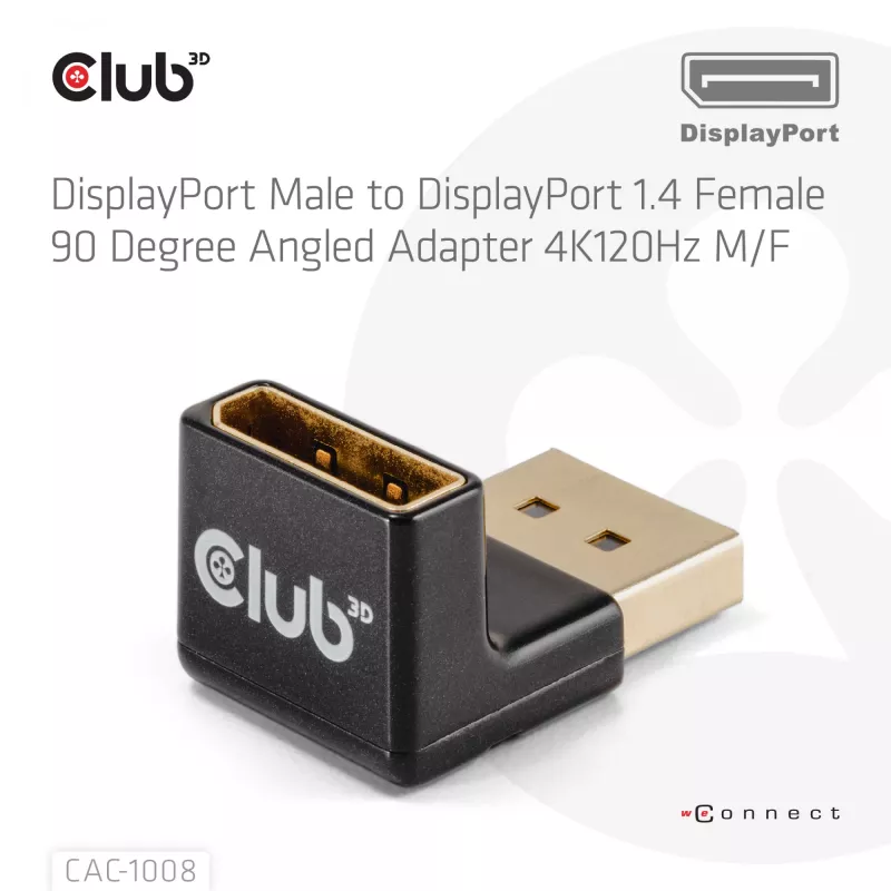 Adapter club 3d DisplayPort isane -> DisplayPort 1.4 emane 90° nurga all, toetab 4K@120Hz