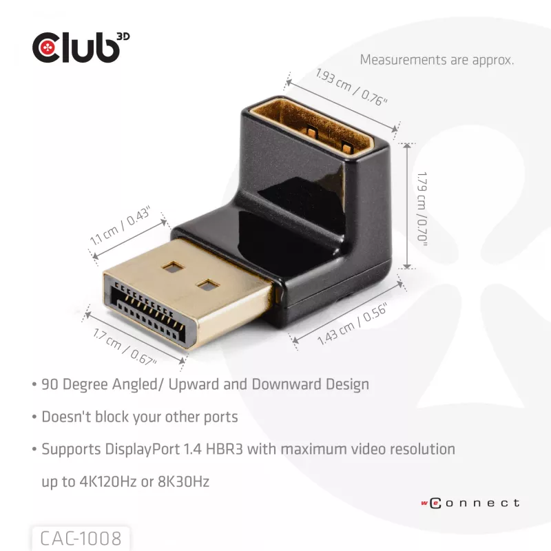Adapter club 3d DisplayPort isane -> DisplayPort 1.4 emane 90° nurga all, toetab 4K@120Hz
