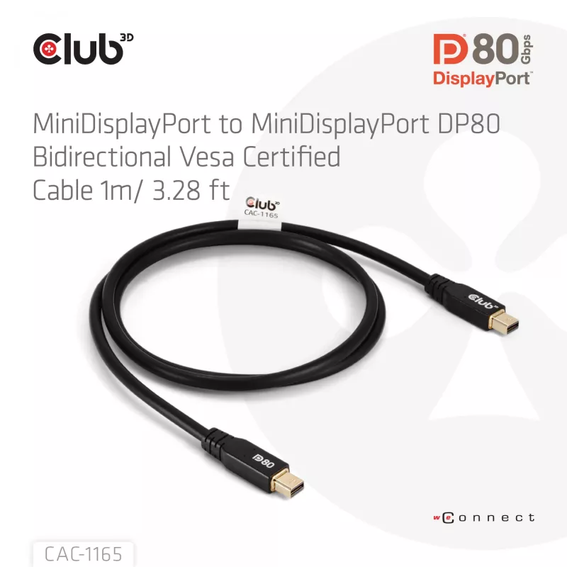 CLUB3D MiniDisplayPort™ to MiniDisplayPort kahesuunaline VESA DP80 sertifitseeritud kaabel M/M 1m/3,28 jalga