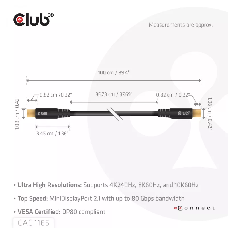 CLUB3D MiniDisplayPort™ to MiniDisplayPort kahesuunaline VESA DP80 sertifitseeritud kaabel M/M 1m/3,28 jalga