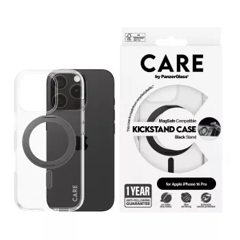 PanzerGlass CARE™ by ® läbipaistev ümbris musta jalaga ja MagSafe'iga iPhone 16 Pro jaoks