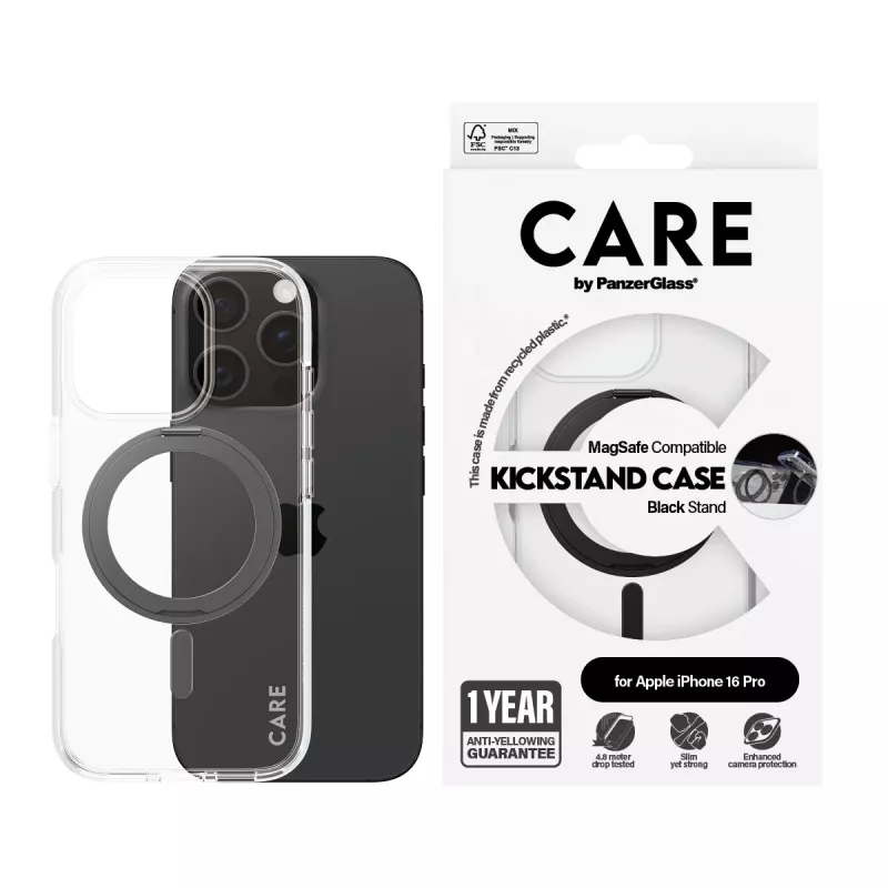 PanzerGlass CARE™ by ® läbipaistev ümbris musta jalaga ja MagSafe'iga iPhone 16 Pro jaoks