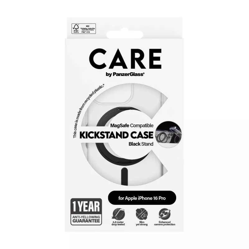 PanzerGlass CARE™ by ® läbipaistev ümbris musta jalaga ja MagSafe'iga iPhone 16 Pro jaoks