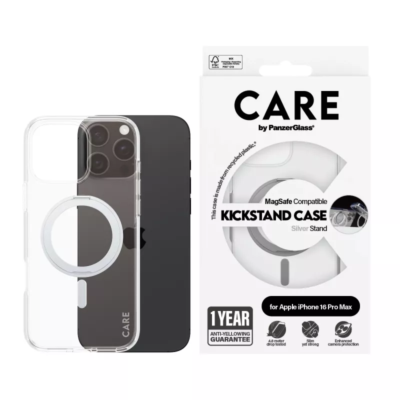 PanzerGlass CARE™ by ® läbipaistev ümbris hõbedase jalatoe ja MagSafe'iga iPhone 16 Pro Maxile