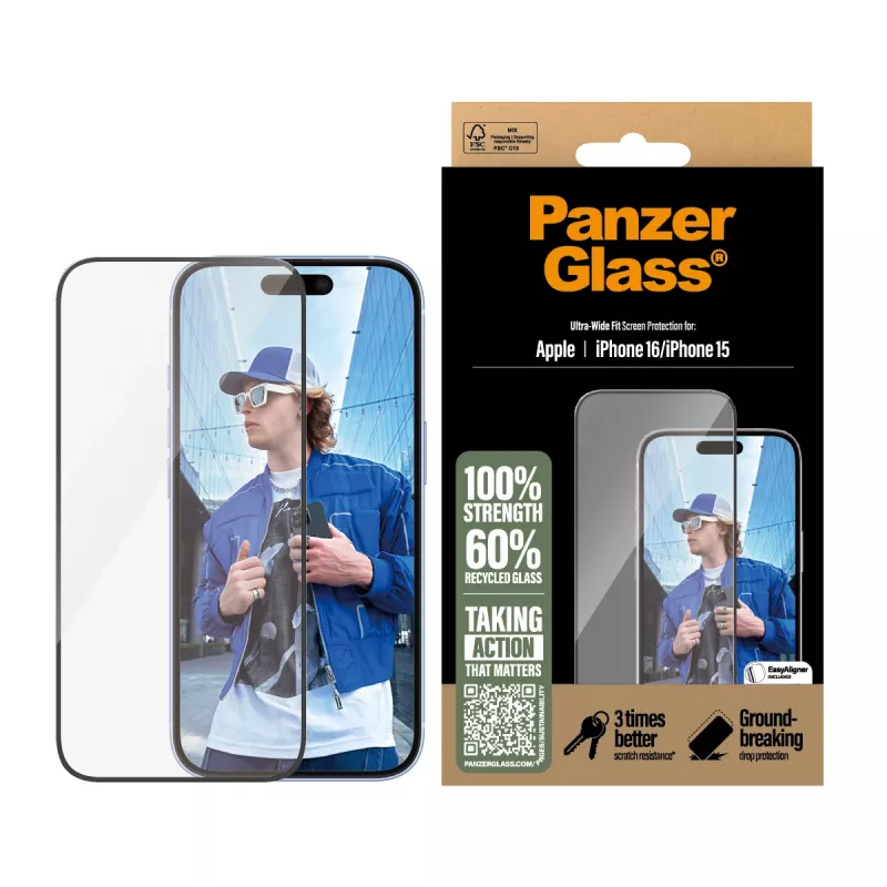 PanzerGlass ® Ekraanikaitse iPhone 16 | 15 | Ultra-Wide Fit