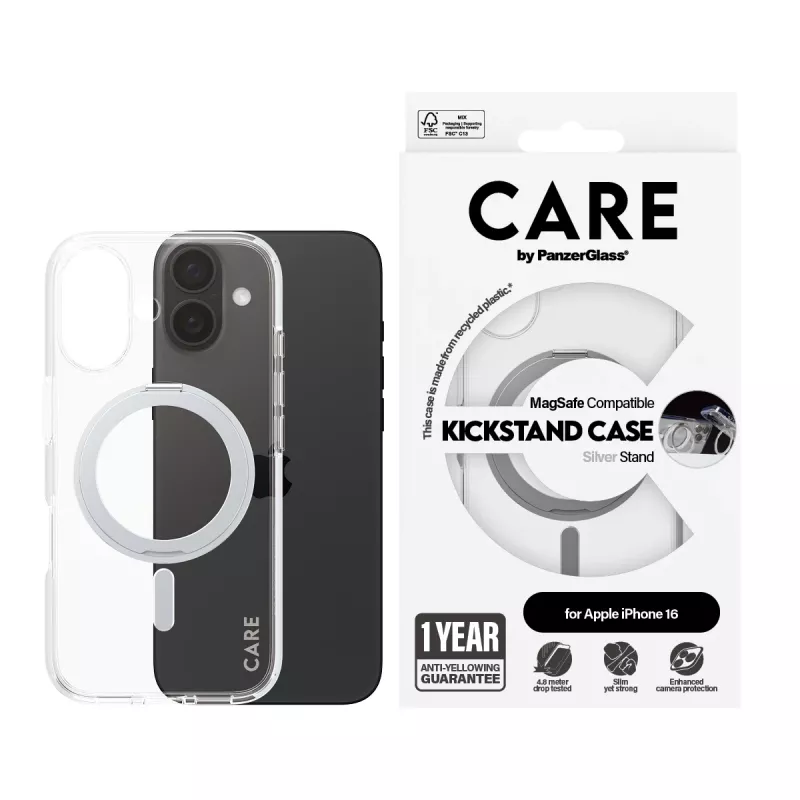 PanzerGlass CARE™ by ® läbipaistev ümbris hõbedase jalaga ja MagSafe'iga iPhone 16-le