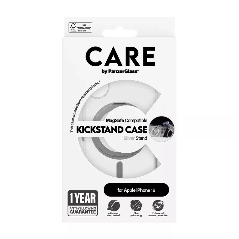PanzerGlass CARE™ by ® läbipaistev ümbris hõbedase jalaga ja MagSafe'iga iPhone 16-le