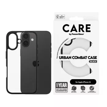 PanzerGlass CARE™ by ® Urban Combat Case läbipaistev musta raamiga iPhone 16