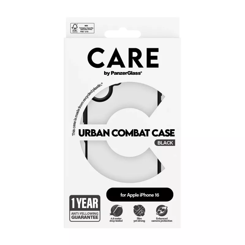PanzerGlass CARE™ by ® Urban Combat Case läbipaistev musta raamiga iPhone 16