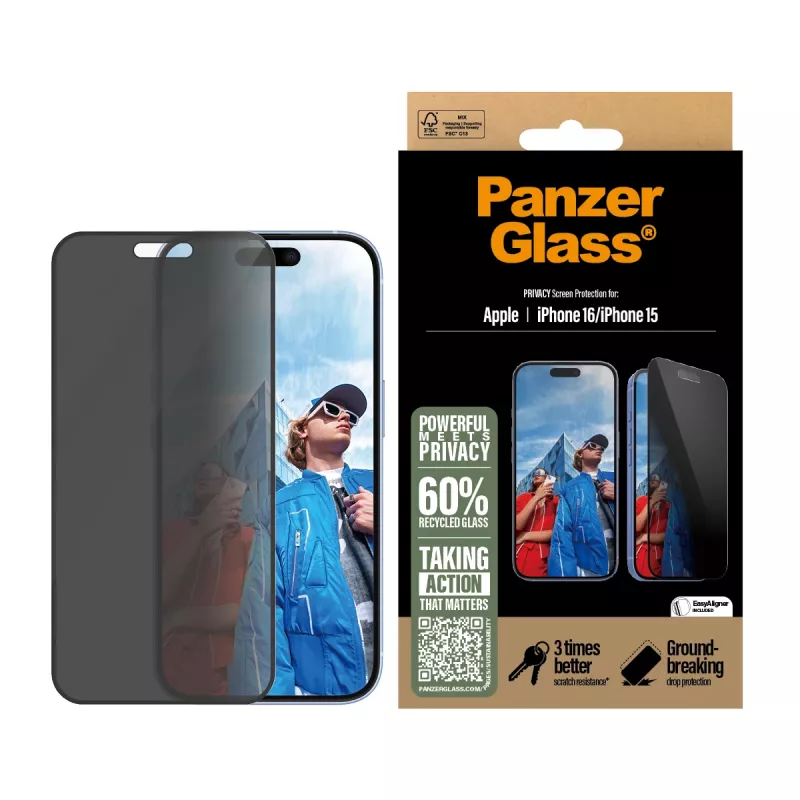PanzerGlass ® Privaatsusekraani kaitseklaas iPhone 16 | 15 | Ultra-Wide Fit koos EasyAligneriga