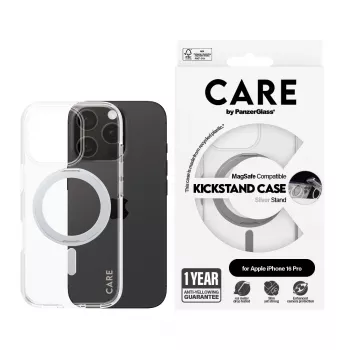 PanzerGlass CARE™ by ® läbipaistev ümbris hõbedase alusega ja MagSafe'iga iPhone 16 Pro jaoks