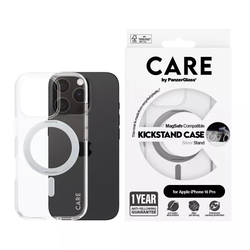 PanzerGlass CARE™ by ® läbipaistev ümbris hõbedase alusega ja MagSafe'iga iPhone 16 Pro jaoks