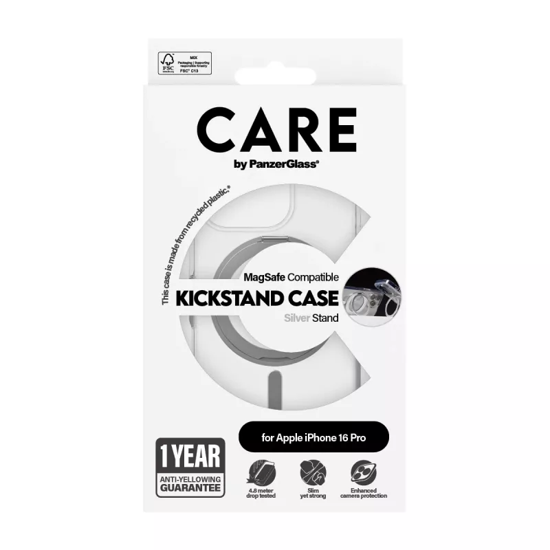 PanzerGlass CARE™ by ® läbipaistev ümbris hõbedase alusega ja MagSafe'iga iPhone 16 Pro jaoks