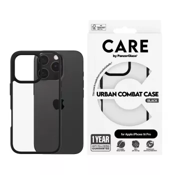 PanzerGlass CARE™ by ® Urban Combat Case läbipaistev musta raamiga, iPhone 16 Pro