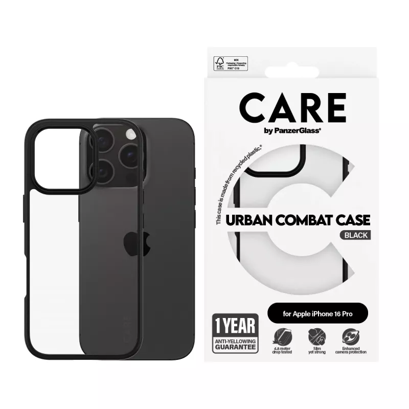 PanzerGlass CARE™ by ® Urban Combat Case läbipaistev musta raamiga, iPhone 16 Pro
