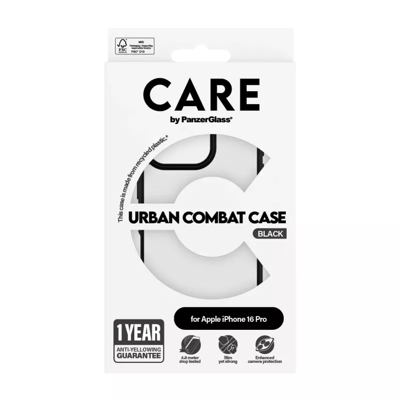 PanzerGlass CARE™ by ® Urban Combat Case läbipaistev musta raamiga, iPhone 16 Pro