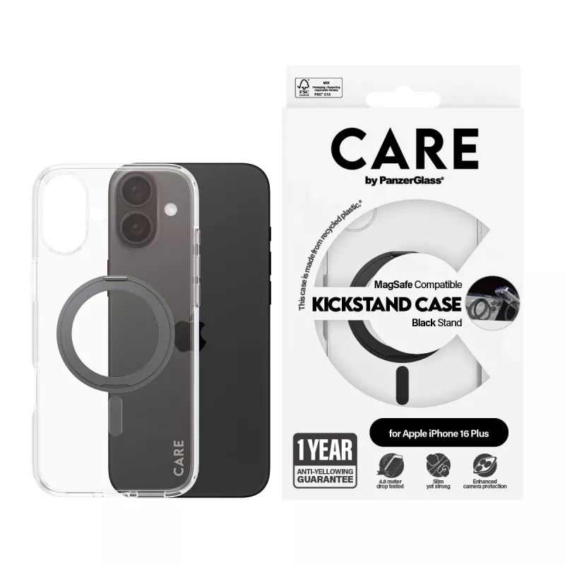 PanzerGlass CARE™ by ® läbipaistev ümbris musta alusega ja MagSafe'iga iPhone 16 Plus