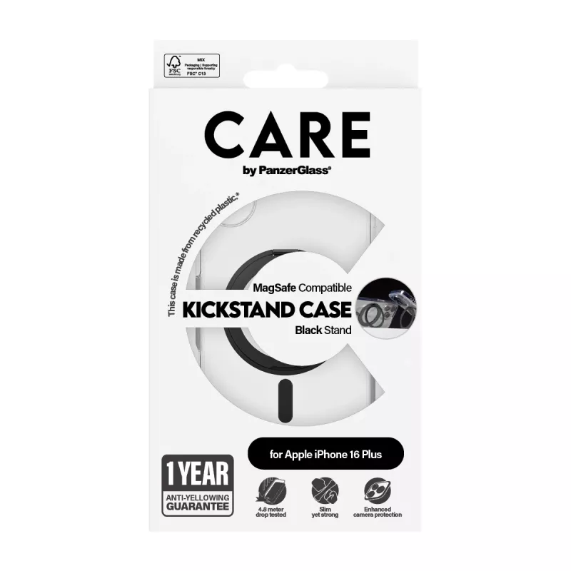 PanzerGlass CARE™ by ® läbipaistev ümbris musta alusega ja MagSafe'iga iPhone 16 Plus