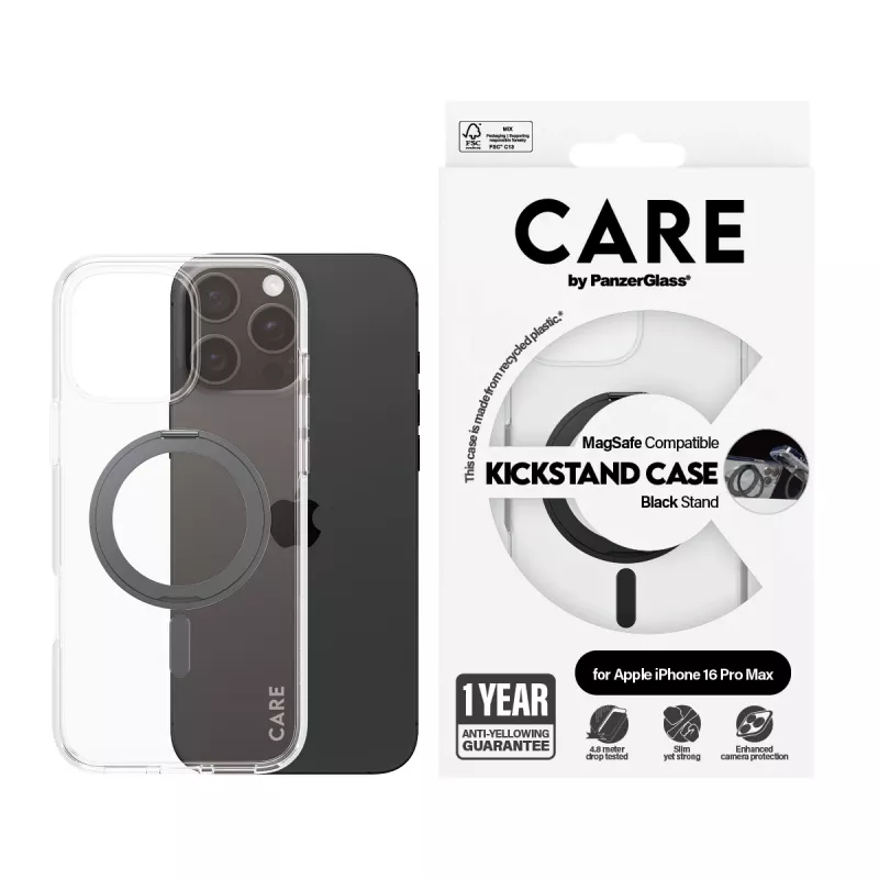 PanzerGlass CARE™ by ® läbipaistev ümbris musta alusega ja MagSafe'iga iPhone 16 Pro Max