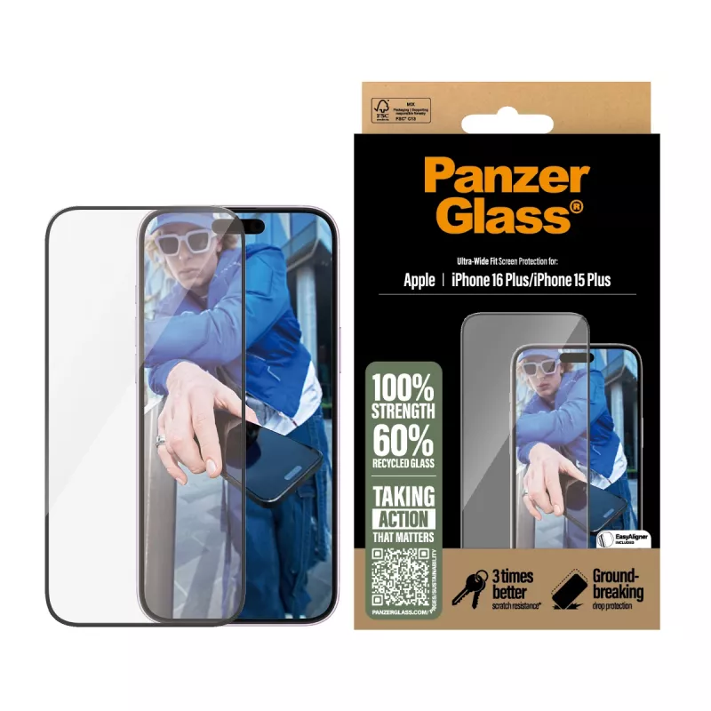 PanzerGlass ® Ekraanikaitse iPhone 16 Plus | 15 Plus | Ultra-Wide Fit