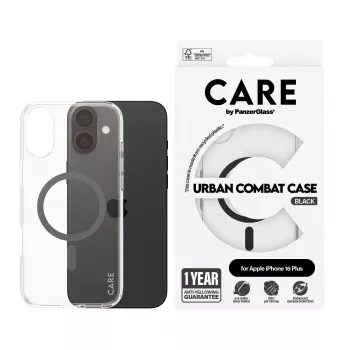 PanzerGlass CARE™ by ® Urban Combat Case läbipaistev musta MagSafe'iga iPhone 16 Plus
