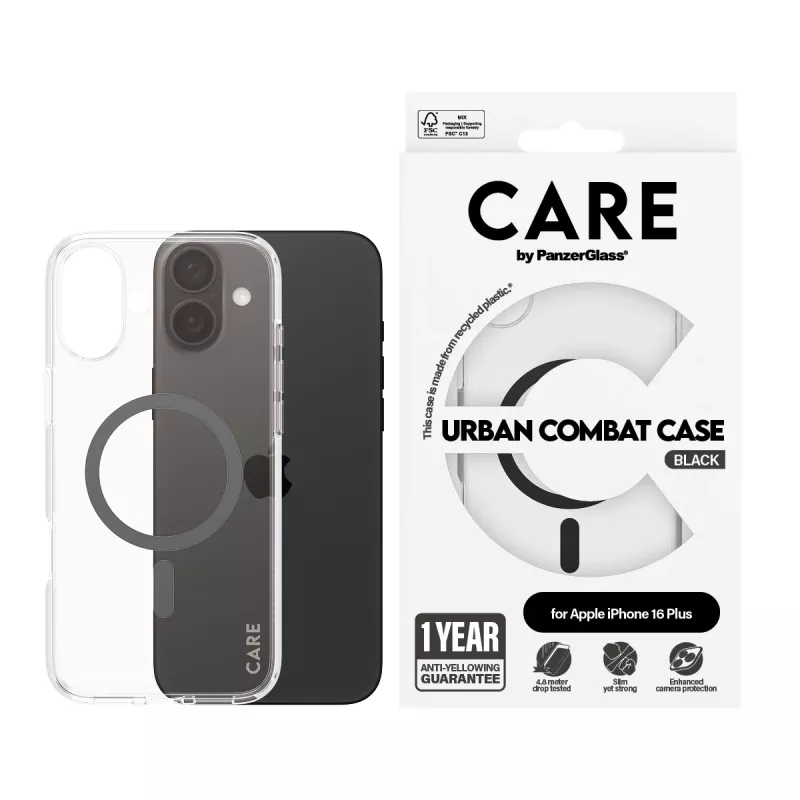 PanzerGlass CARE™ by ® Urban Combat Case läbipaistev musta MagSafe'iga iPhone 16 Plus