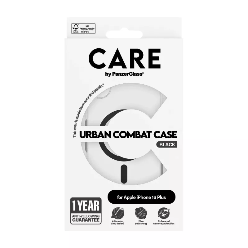 PanzerGlass CARE™ by ® Urban Combat Case läbipaistev musta MagSafe'iga iPhone 16 Plus