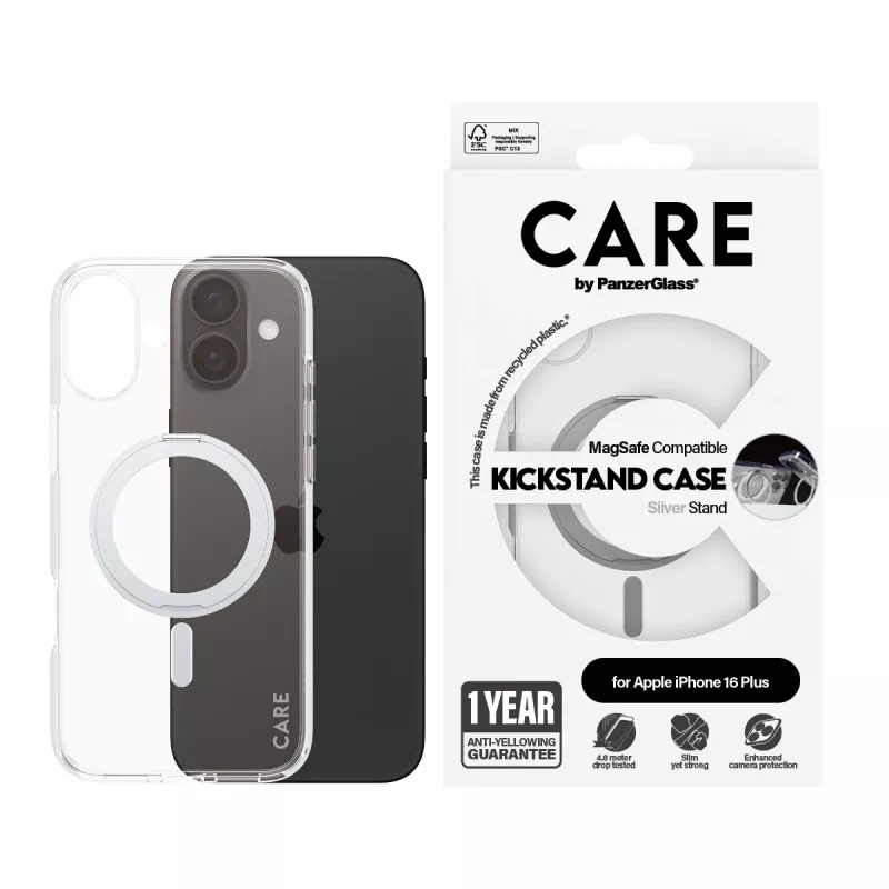 PanzerGlass CARE™ by ® läbipaistev ümbris hõbedase jalaga ja MagSafe iPhone 16 Plus