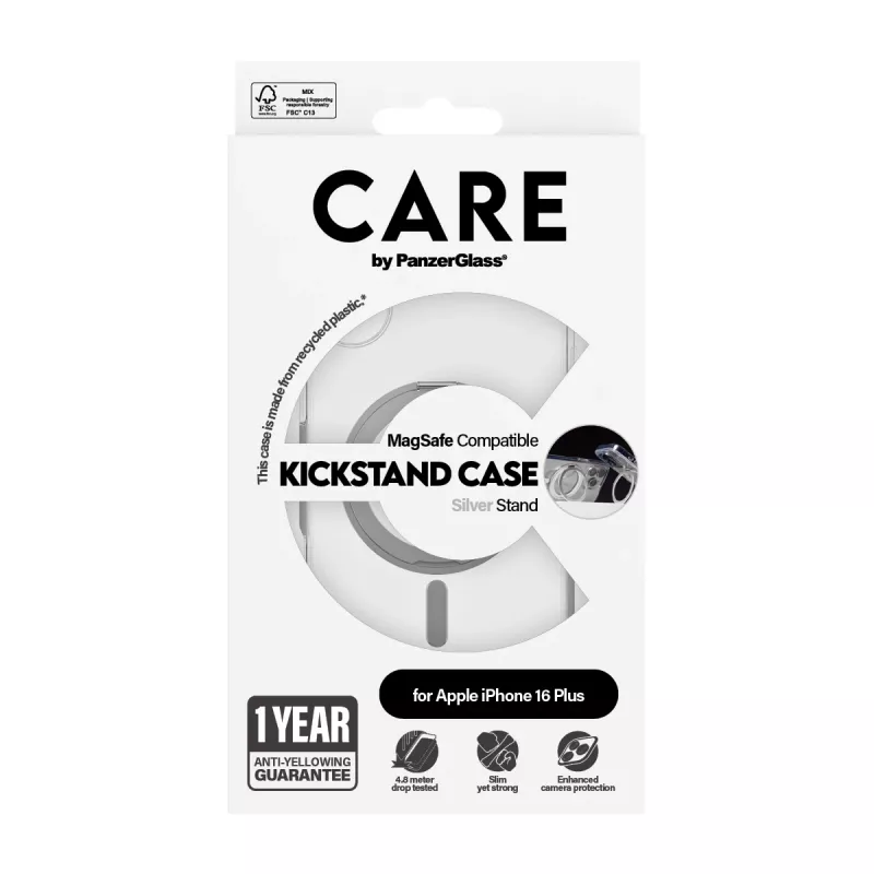 PanzerGlass CARE™ by ® läbipaistev ümbris hõbedase jalaga ja MagSafe iPhone 16 Plus