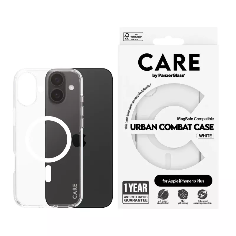 PanzerGlass CARE™ by ® Urban Combat Case Transparent w. White MagSafe iPhone 16 Plus