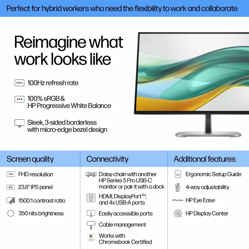 HP Series 5 Pro 23.8-tolline FHD monitor - 524pf, 60,5 cm (23,8 tolli), 1920 x 1080 pikslit, Full HD, LCD, 5 ms, must, hõbedane