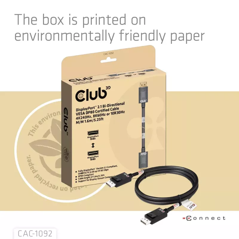 CLUB3D DisplayPort™ 2.1 Bi-Directional VESA DP80 Certified kaabel 4K240Hz, 8K60Hz or 10K60Hz M/M 1.6m/5.25ft