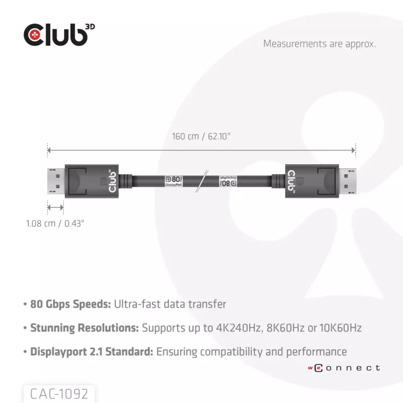 CLUB3D DisplayPort™ 2.1 Bi-Directional VESA DP80 Certified kaabel 4K240Hz, 8K60Hz or 10K60Hz M/M 1.6m/5.25ft