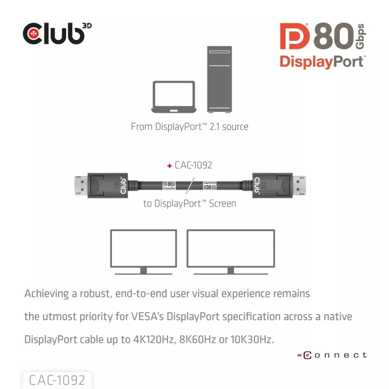 CLUB3D DisplayPort™ 2.1 Bi-Directional VESA DP80 Certified kaabel 4K240Hz, 8K60Hz or 10K60Hz M/M 1.6m/5.25ft