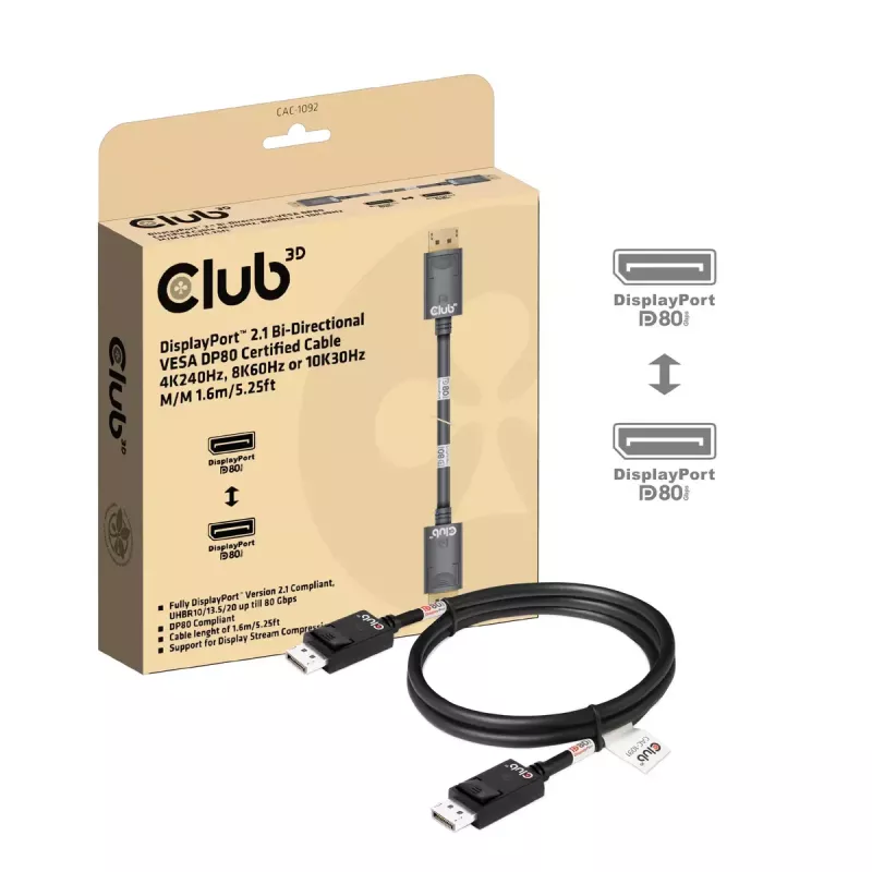 CLUB3D DisplayPort™ 2.1 Bi-Directional VESA DP80 Certified kaabel 4K240Hz, 8K60Hz or 10K60Hz M/M 1.6m/5.25ft