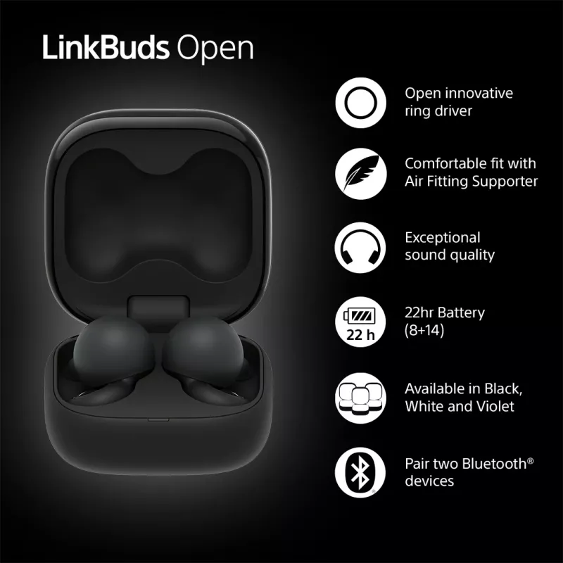 Kõrvaklapid Sony LinkBuds Open WFL910B — juhtmeta Bluetooth-kõrvasisesed, 20–20 000 Hz, 10 m ulatus, 63 g, must