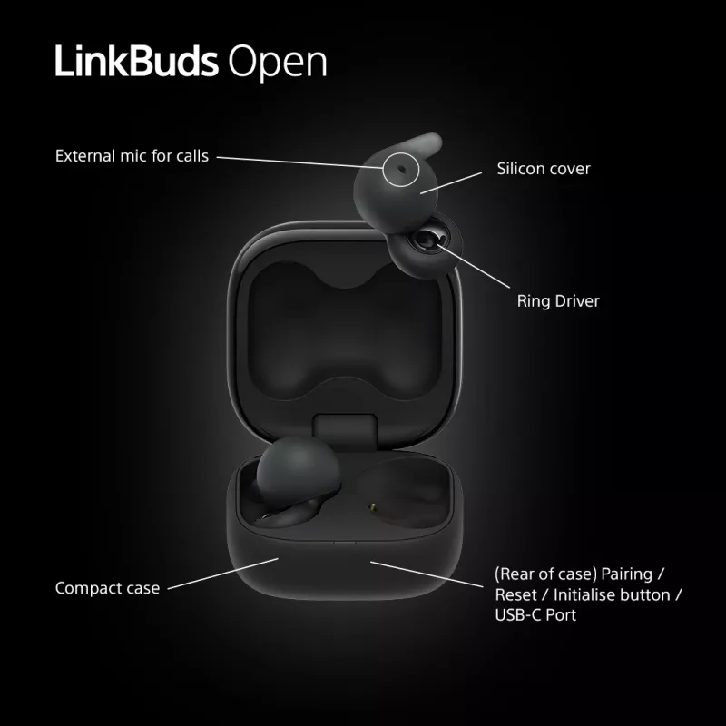 Kõrvaklapid Sony LinkBuds Open WFL910B — juhtmeta Bluetooth-kõrvasisesed, 20–20 000 Hz, 10 m ulatus, 63 g, must