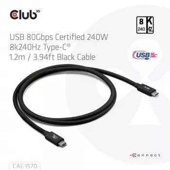 USB Type-C kaabel CLUB3D CAC-1570 1,2m — 80Gbps, 240W, toetab 8K@240Hz, must
