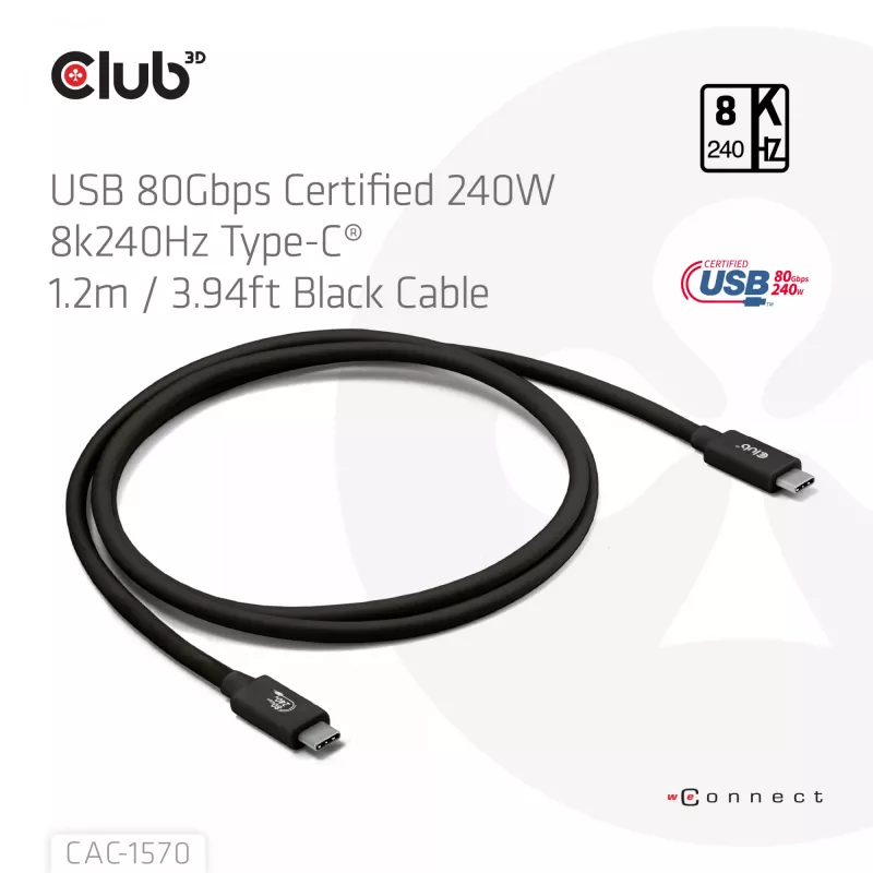 USB Type-C kaabel CLUB3D CAC-1570 1,2m — 80Gbps, 240W, toetab 8K@240Hz, must