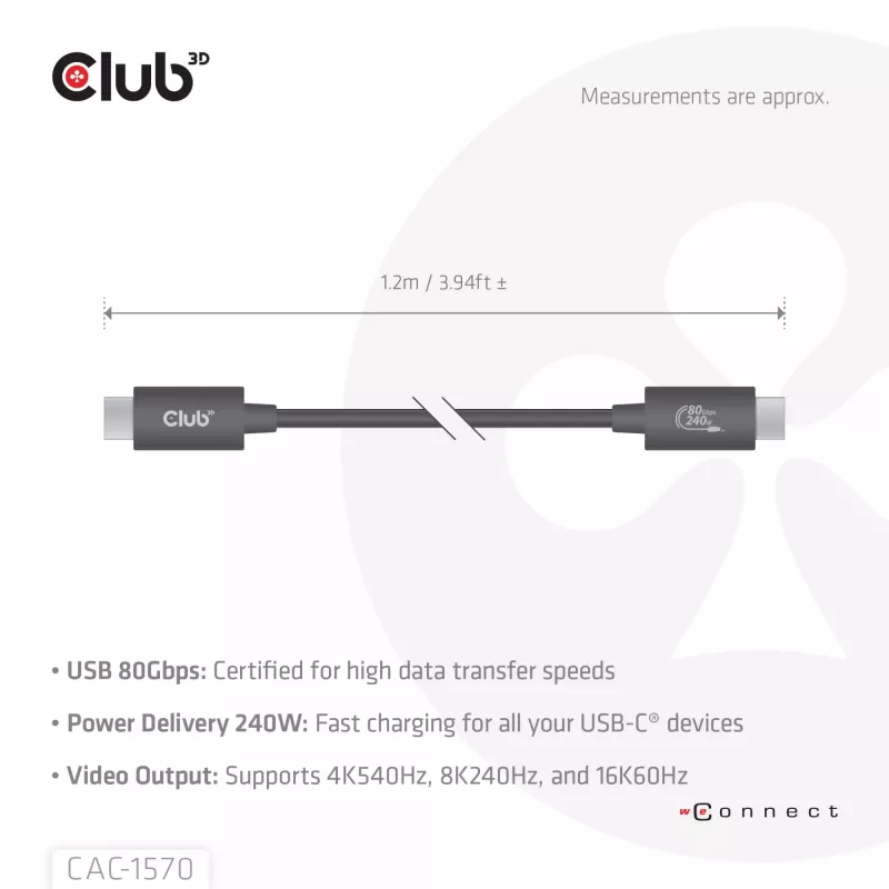 USB Type-C kaabel CLUB3D CAC-1570 1,2m — 80Gbps, 240W, toetab 8K@240Hz, must
