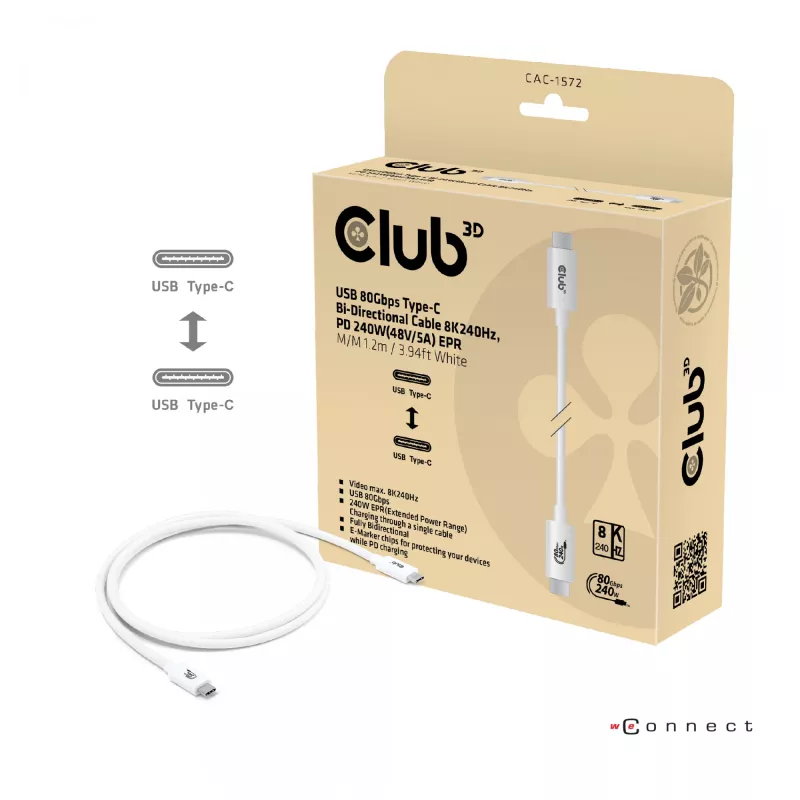 CLUB3D USB 80Gbps sertifitseeritud 240W 8K240Hz Type-C® 1.2m / 3.94ft must kaabel